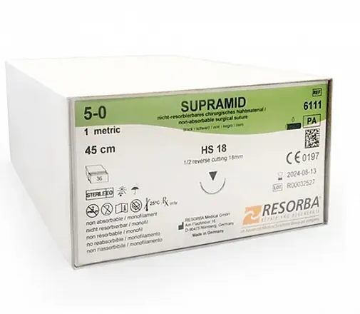 Супрамид (Supramid) черный 5/0, 1 EP, HS 18 (О/Р 1/2), 45см, 36шт, 6111К, Resorba