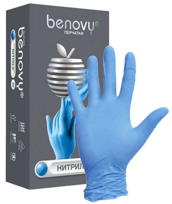 Перчатки нитриловые XL (9-10), 100шт, голубые, с полимерным покрытием Benovy
