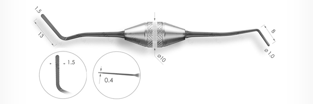 Удлиненная узкая гладилка с цилиндрическим штопфером Ø1.0mm.<br />Эргономичная ручка ø10mm. Покрытие Black