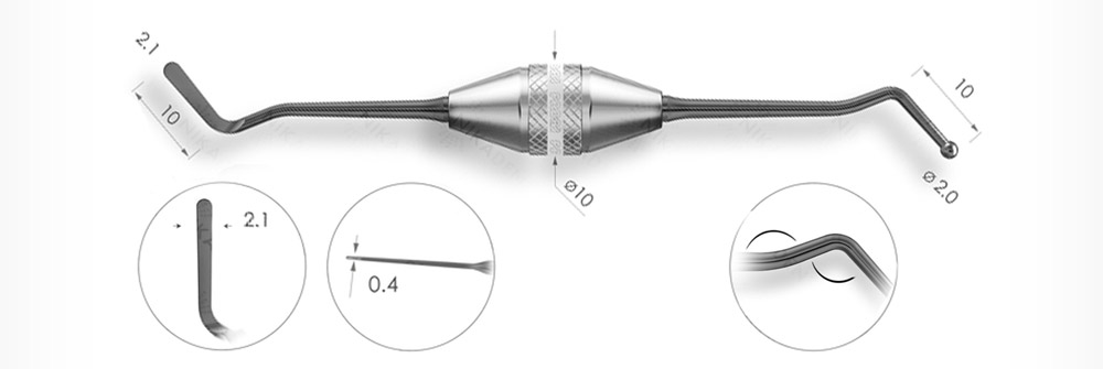 Средняя гладилка с двухугловым штопфером-шариком Ø2.0mm. Эргономичная ручка Ø10mm. Покрытие Black