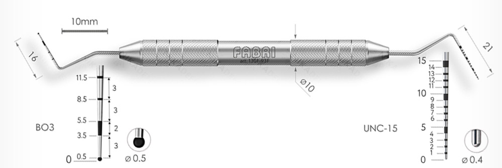 1301-93F Двухсторонний пародонтологический мерный зонд Шкалы ВОЗ+UNC-15 Эргономичная ручка Ø10мм