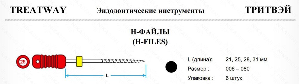 Ручные H-файлы Тритвэй, из нержавеющей стали или никель-титанового сплава. Ручные H-файлы Тритвэй, из нержавеющей стали или никель-титанового сплава.