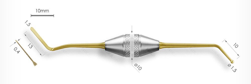 1304-1,5F TiN Удлиненная узкая гладилка с штопфером - шариком Ø1,5мм с эргономичной ручкой Ø10мм Покрытие Gold
