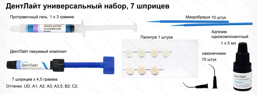 ДентЛайт Владмива, универсальный набор 7 шприцев, состав набора.